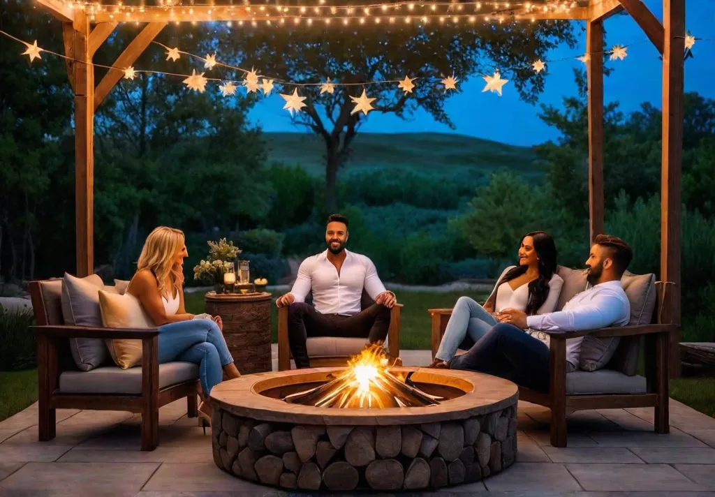 A backyard fire pit with comfortable seating string lights overhead and afeat