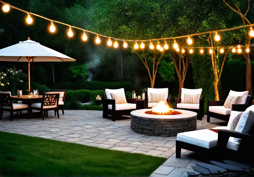 A captivating backyard fire pit area bathed in the warm glow offeat