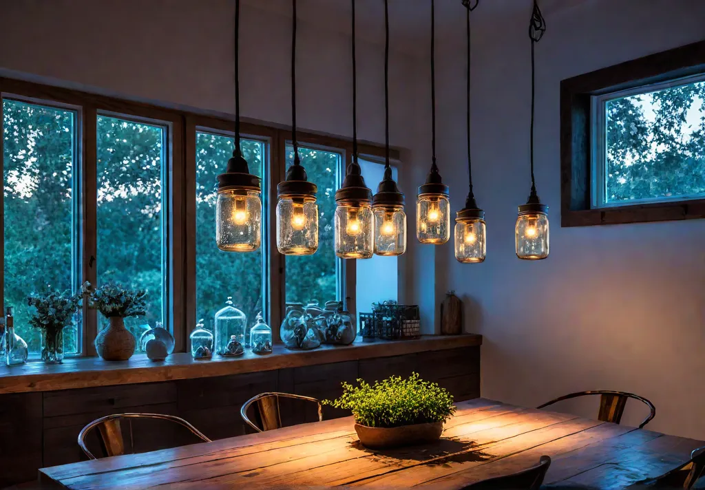 A cozy kitchen with warm ambient lighting emanating from mason jar pendantfeat