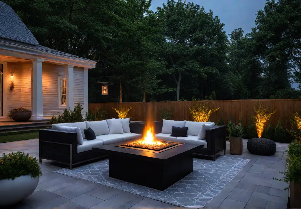 A modern backyard patio with a sleek gas fire pit as thefeat