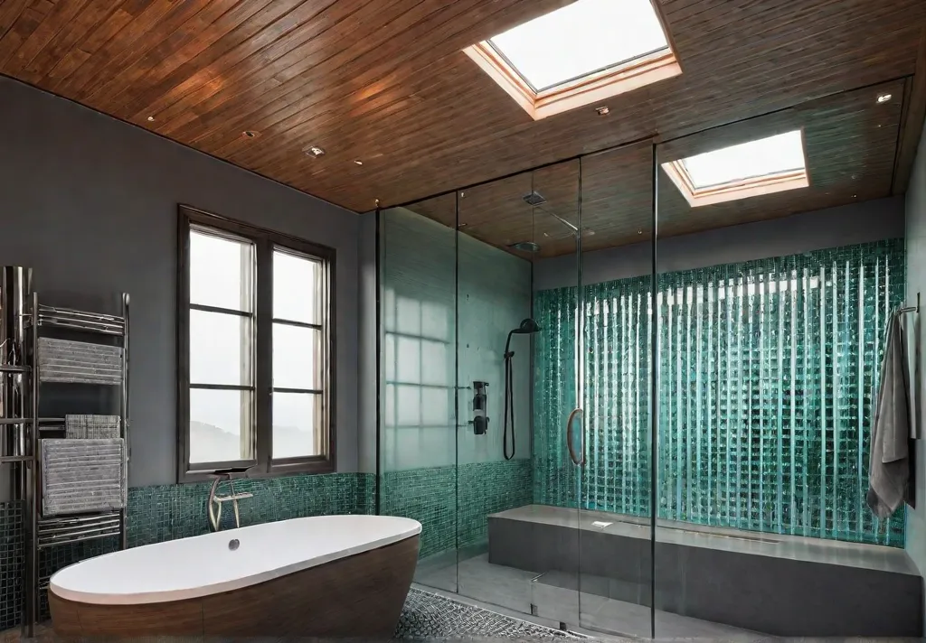 A modern bathroom with a spacious walkin shower featuring recycled glass tilesfeat
