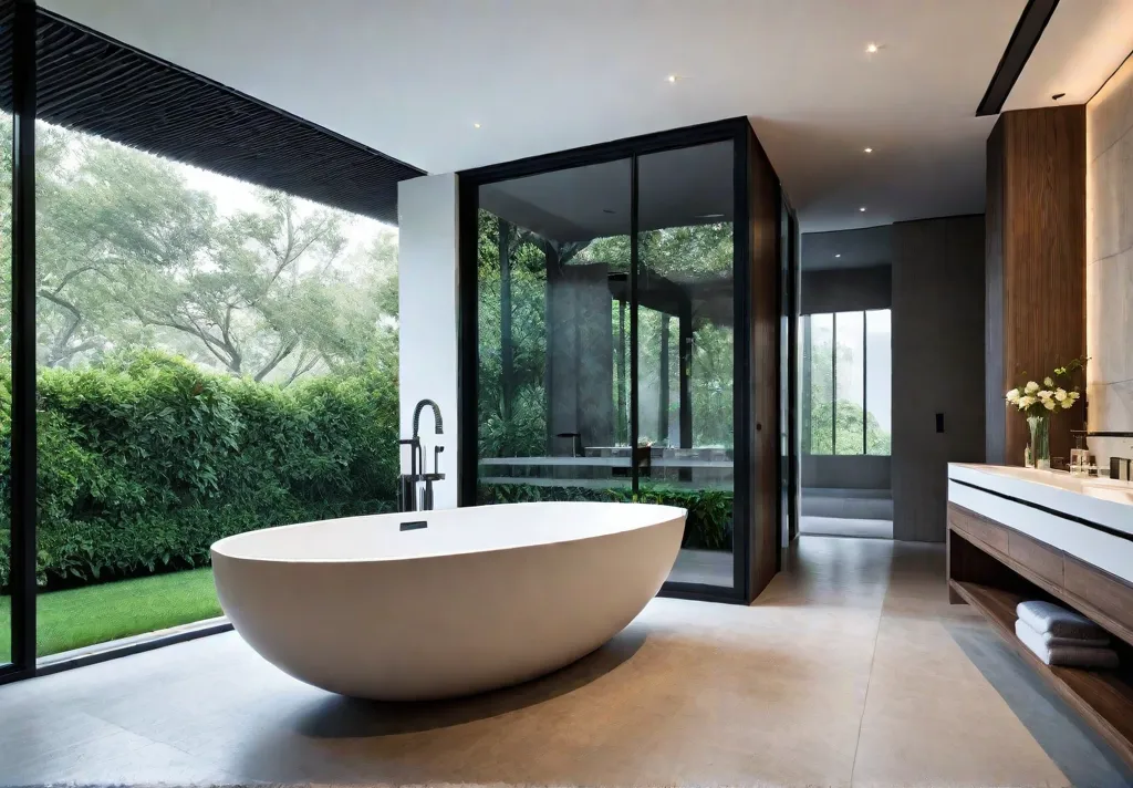 A modern bathroom with floortoceiling windows overlooking a serene garden showcasing afeat