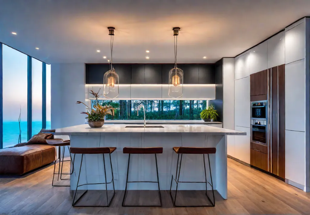 A modern kitchen bathed in warm inviting light Recessed ceiling lights providefeat