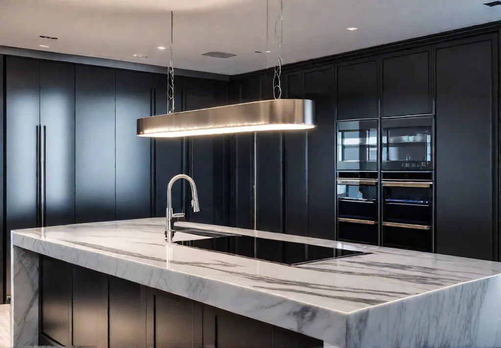 A modern kitchen with sleek stainless steel pendant lights hanging over afeat
