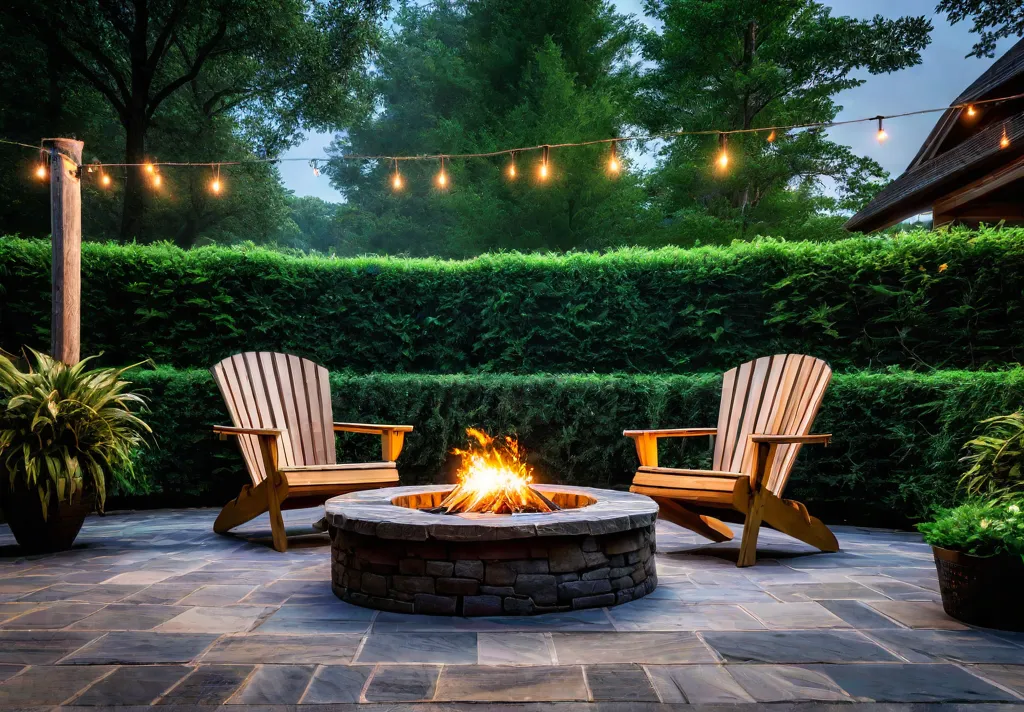 A rustic fire pit constructed with natural stone surrounded by weathered woodenfeat