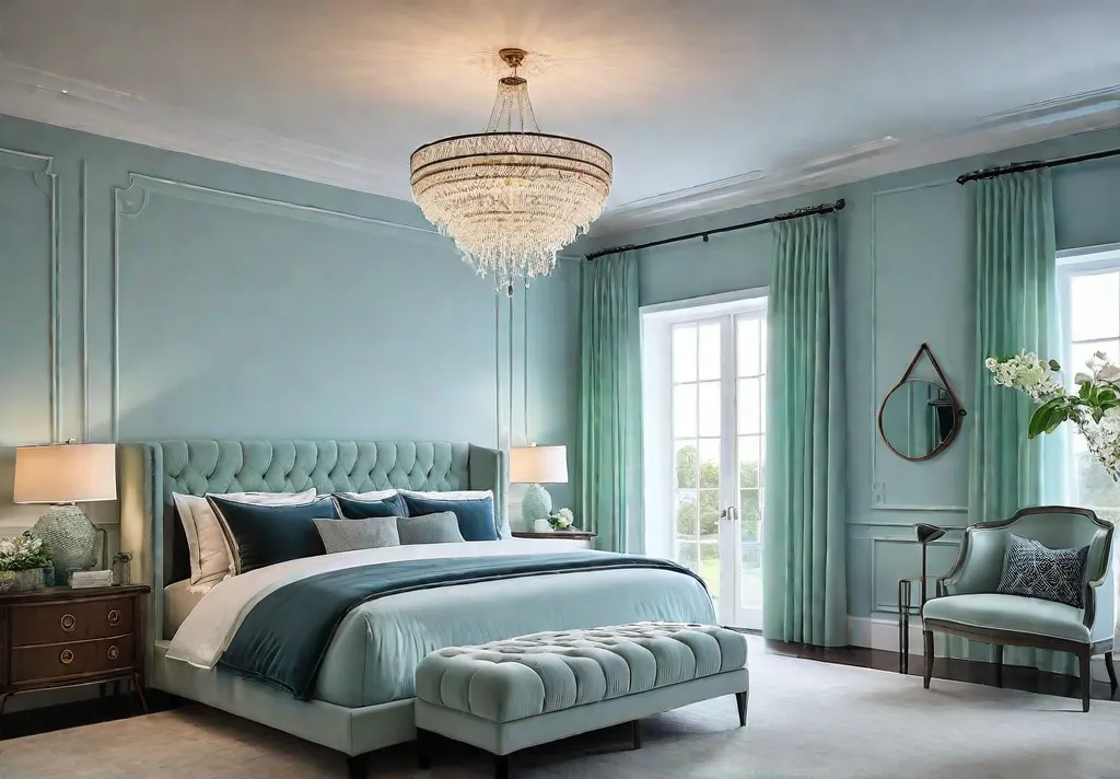 A serene bedroom bathed in soft cooltoned blues and greens promoting relaxationfeat