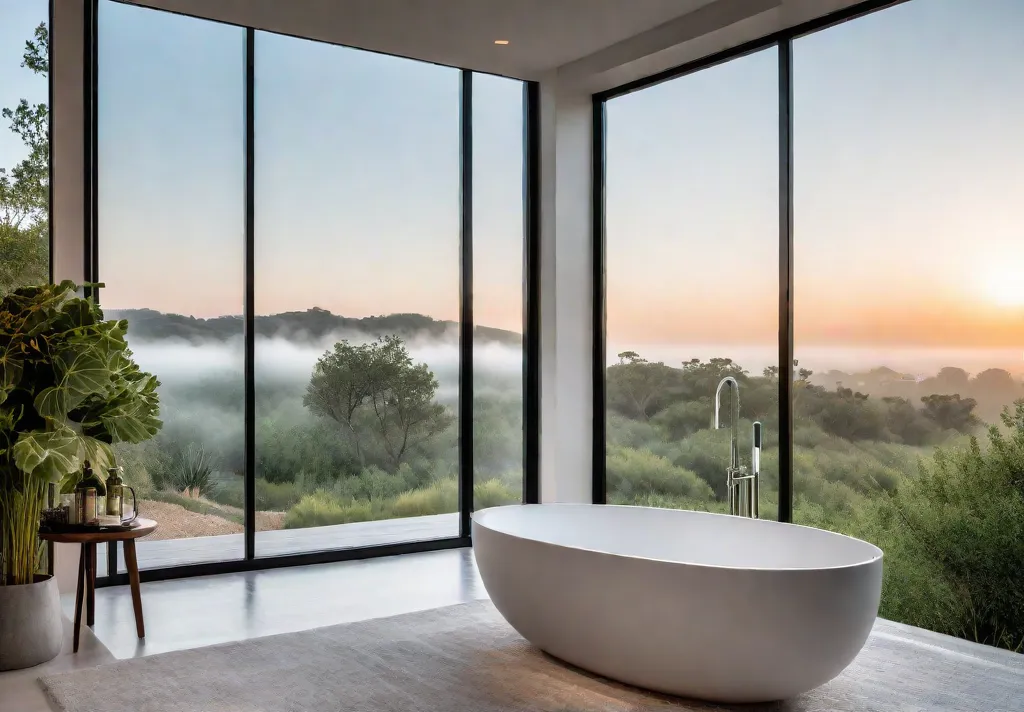 A serene master bathroom bathed in natural light featuring a freestanding bathtubfeat