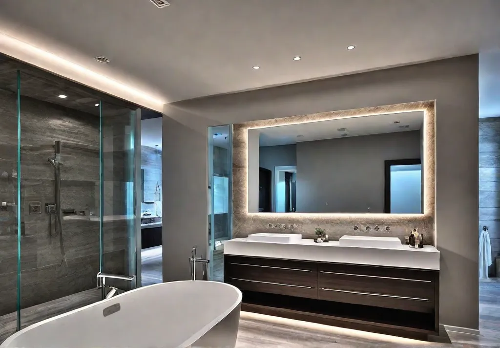 A serene master bathroom with soft warm lighting emanating from a smartfeat
