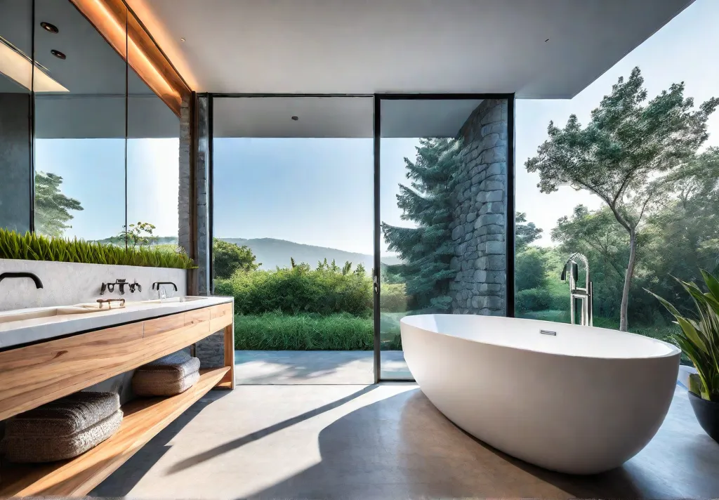 A serene modern bathroom with floortoceiling windows that showcase a breathtaking naturalfeat