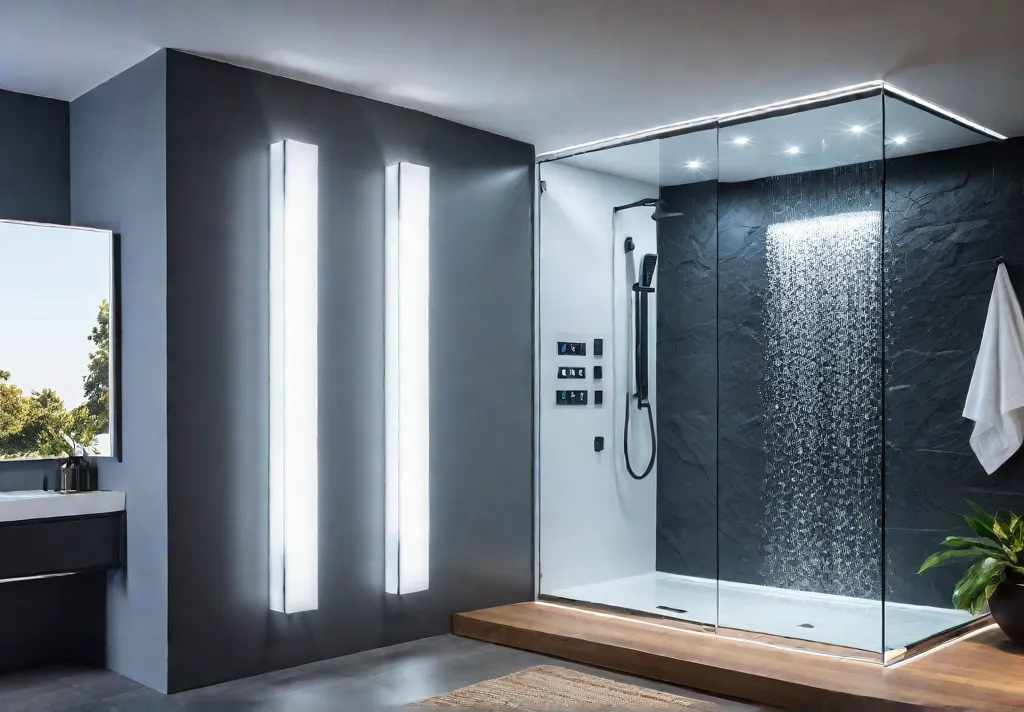 A sleek modern bathroom with minimalist design featuring a digital shower controlfeat