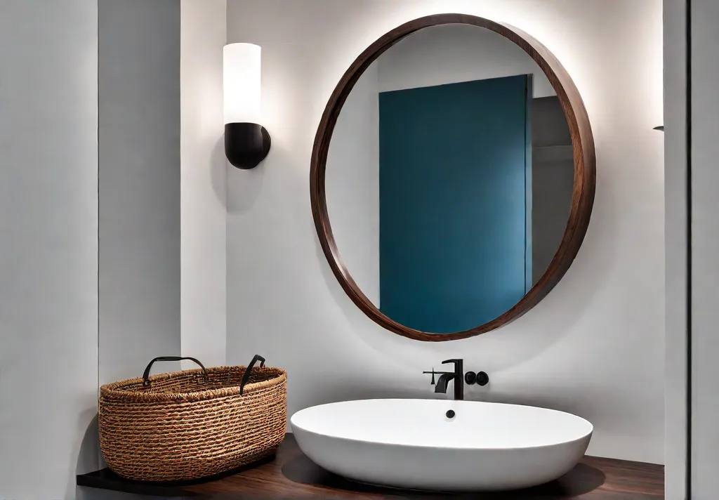 A small modern bathroom with white walls and a large mirror abovefeat