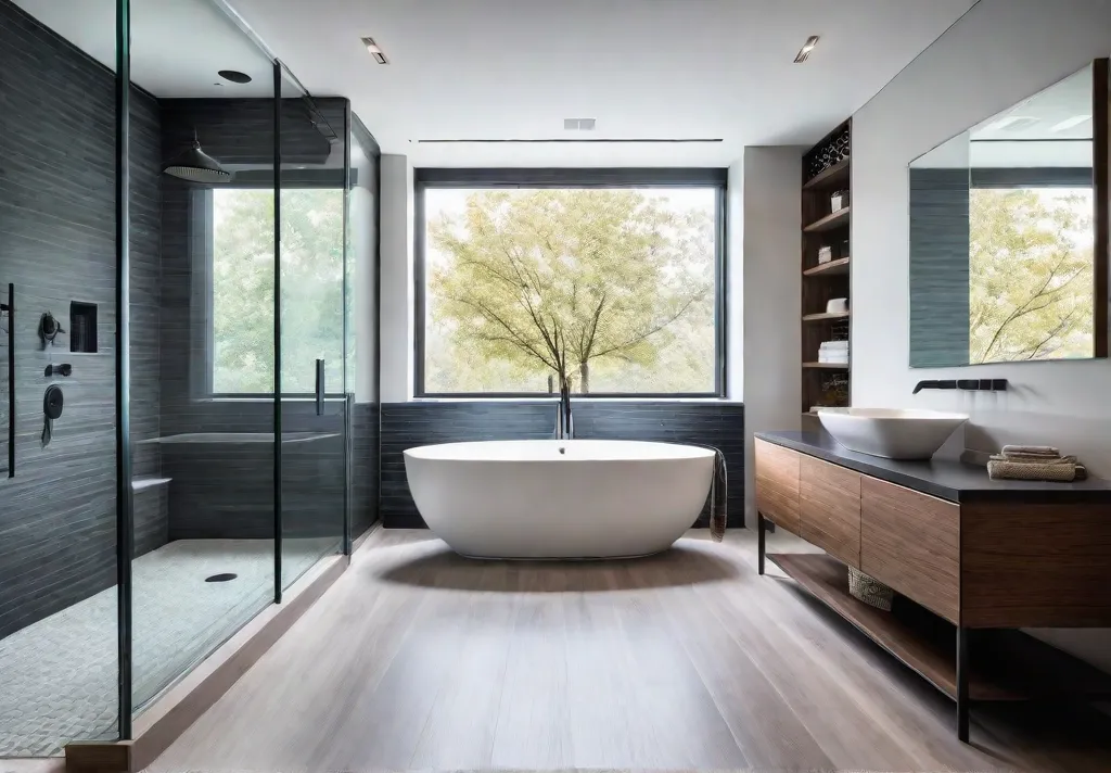 A spacious universally designed master bathroom with clear pathways for easy movementfeat