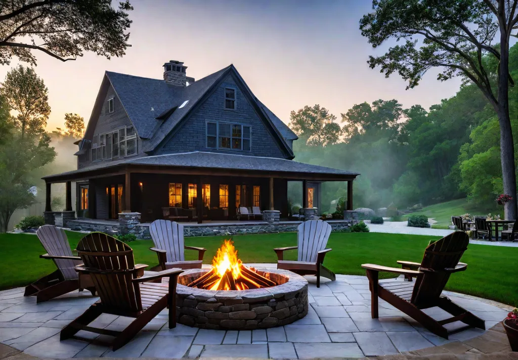 A tranquil backyard scene at dusk featuring a stone firepit surrounded byfeat