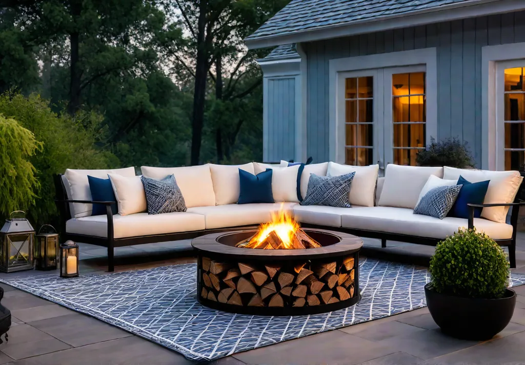 A tranquil outdoor patio scene at dusk featuring a crackling fire pitfeat