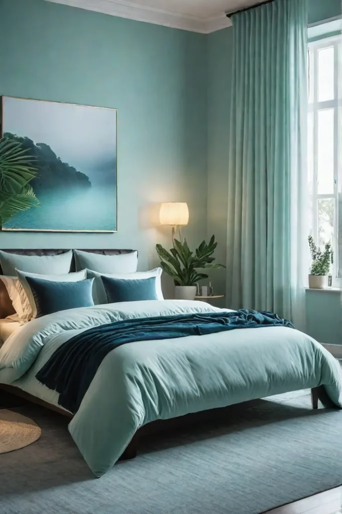 A calming bedroom with blue and green ombre walls promoting relaxation