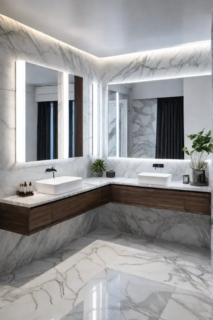 A floating vanity and smart mirrors enhance the functionality and style of a contemporary bathroom