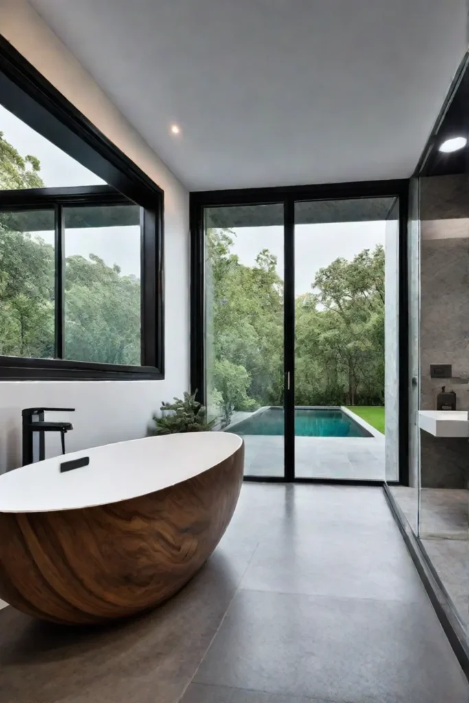 A freestanding stone bathtub and rainfall showerhead create a spalike retreat in a natureinspired bathroom
