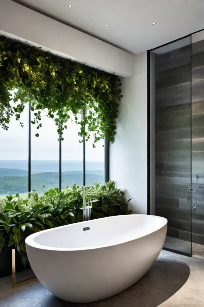 A living wall and natural stone flooring bring the outdoors in creating a sustainable and tranquil bathroom