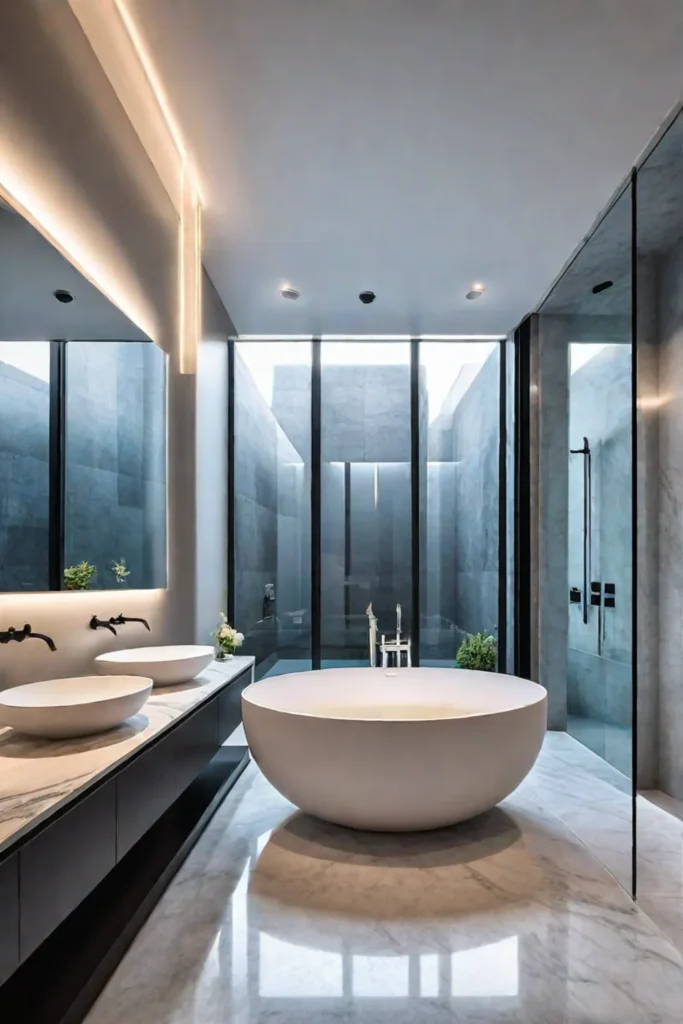 A luxurious master bathroom with smart lighting illuminating the space featuring a soaking tub and elegant marble details