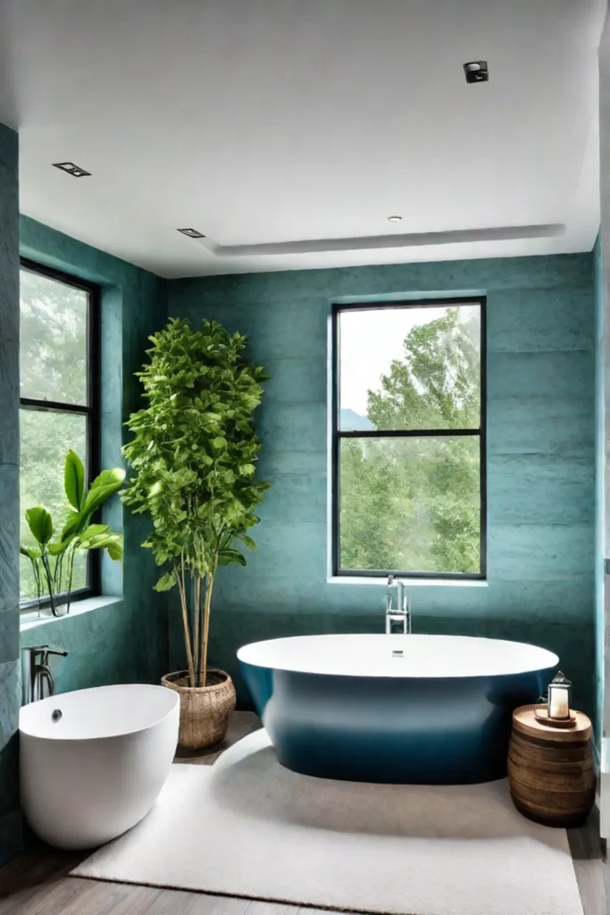 A spalike master bathroom with a soaking tub and natural elements