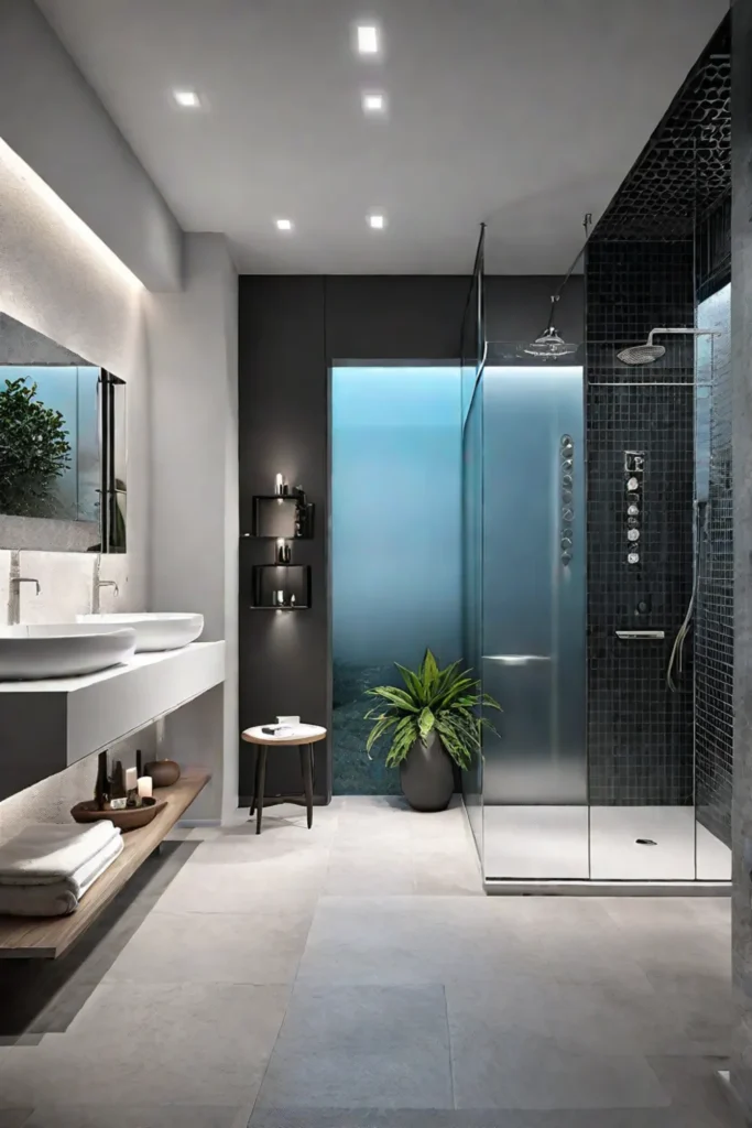 A steam shower and aromatherapy diffusers create a spalike atmosphere in a modern bathroom