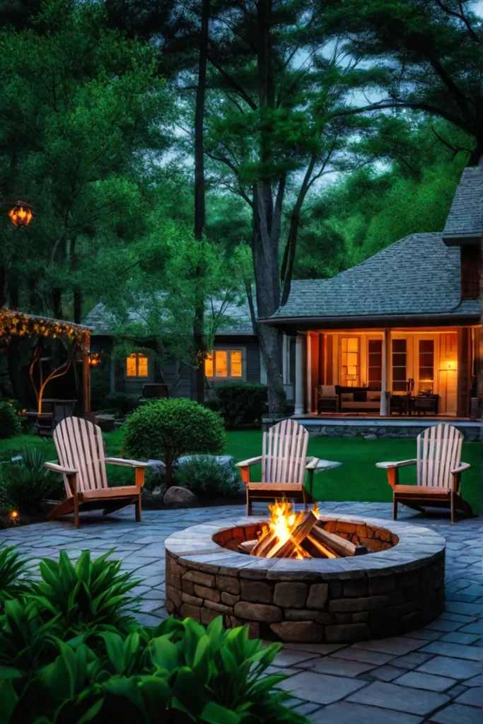 A stone firepit with Adirondack chairs in a safe backyard setting