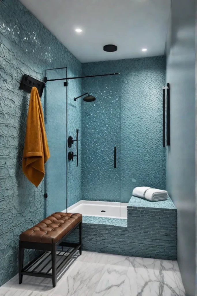 A walkin shower with multiple showerheads and a builtin bench creates a spalike experience at home