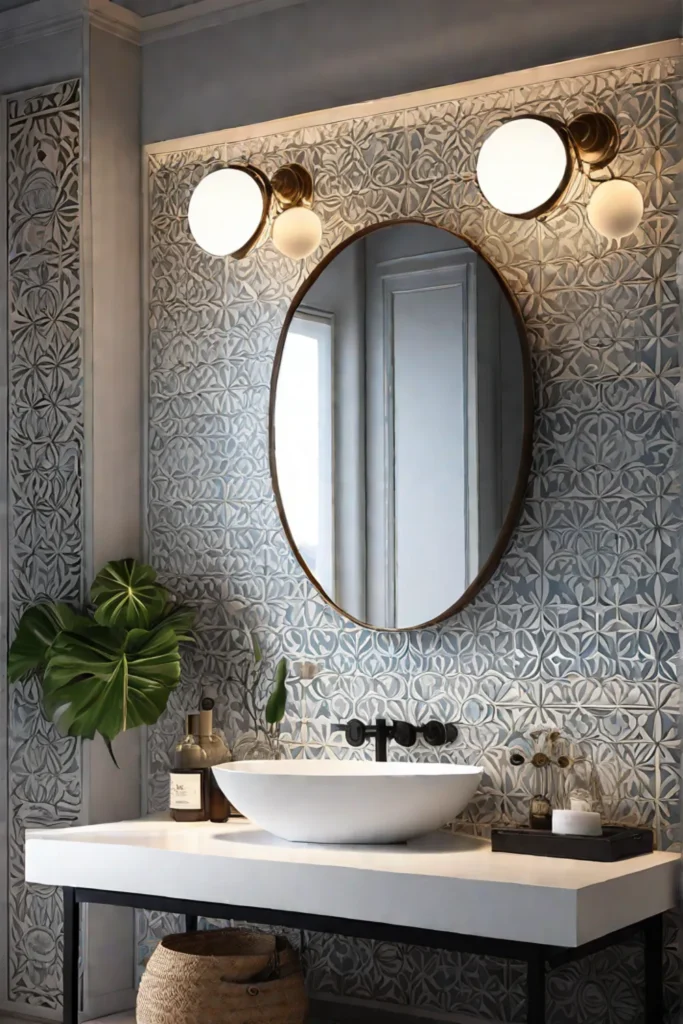 Artisanal tiles and a vintageinspired vanity add character and charm to a modern bathroom