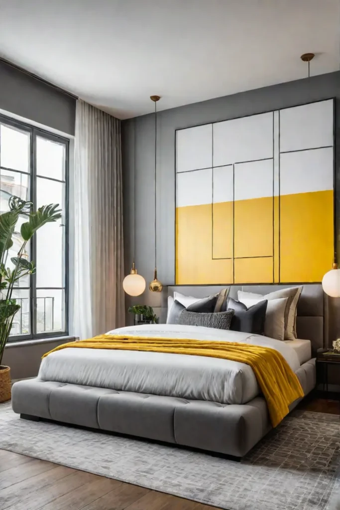 Bedroom with a geometric accent wall in yellow and gray adding vibrancy