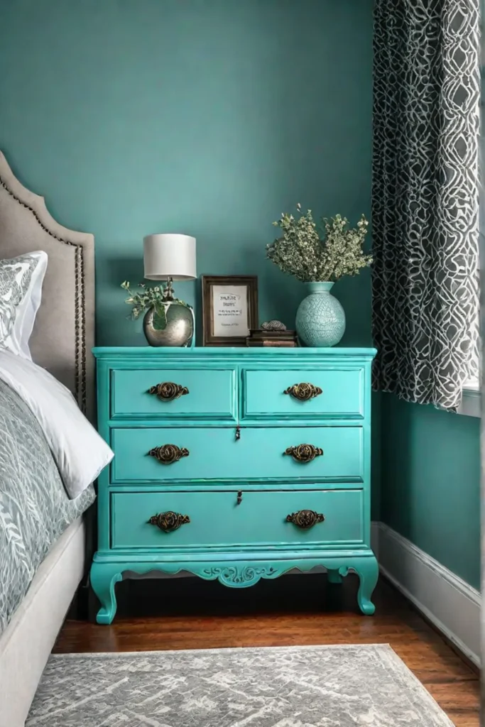 Bedroom with a turquoise painted dresser as a focal point