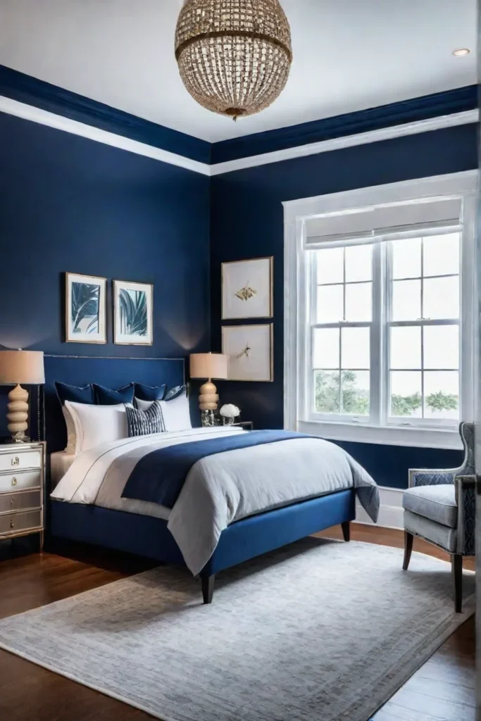 Bedroom with wellmaintained navy blue walls and white trim
