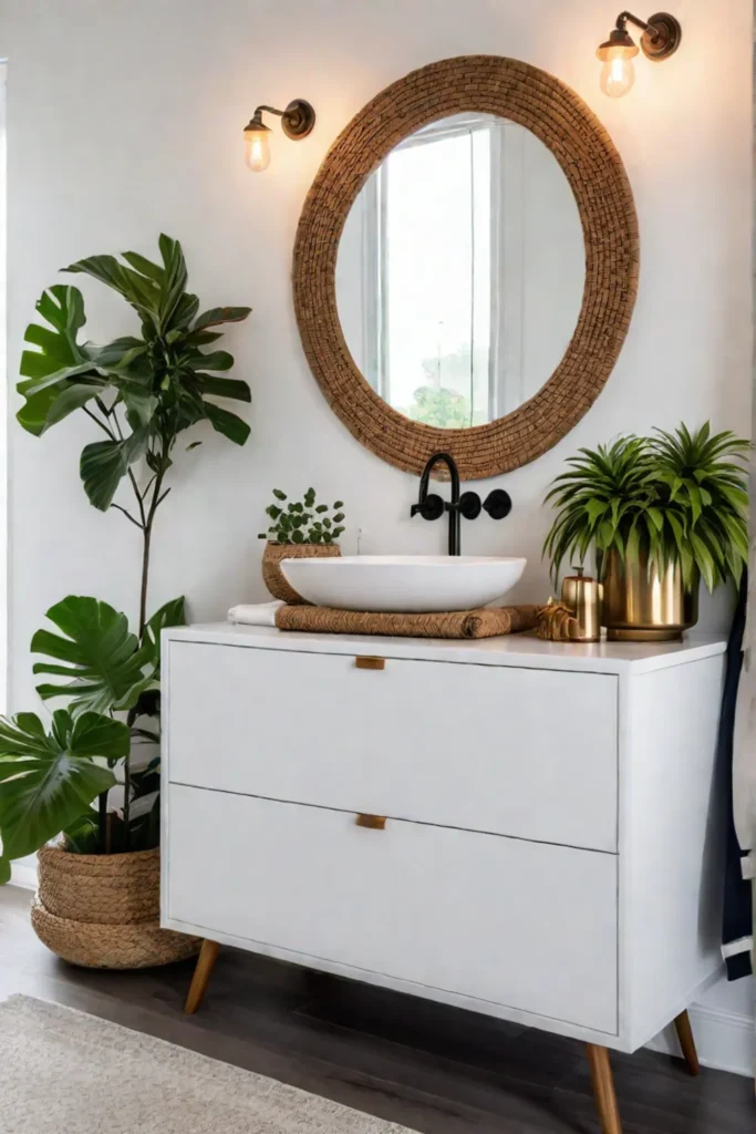 Bohemian touches and natural textures create a warm and inviting bathroom