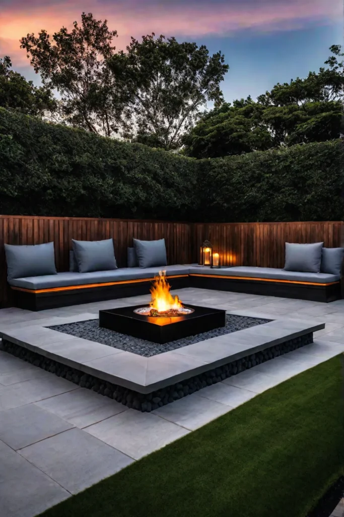 Builtin firepit enhances a raised patio design