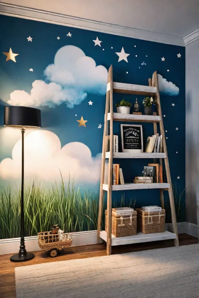 Childrens bedroom with a handpainted mural and thrifted decor