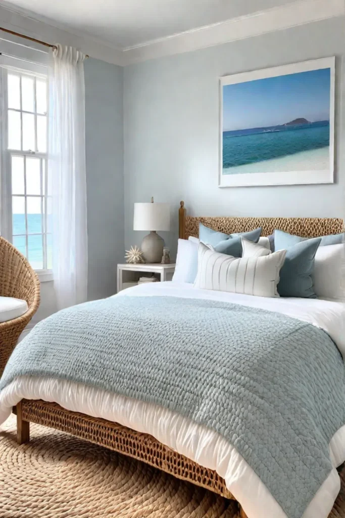 Coastal bedroom with a whitewashed bed frame and thrifted seashells