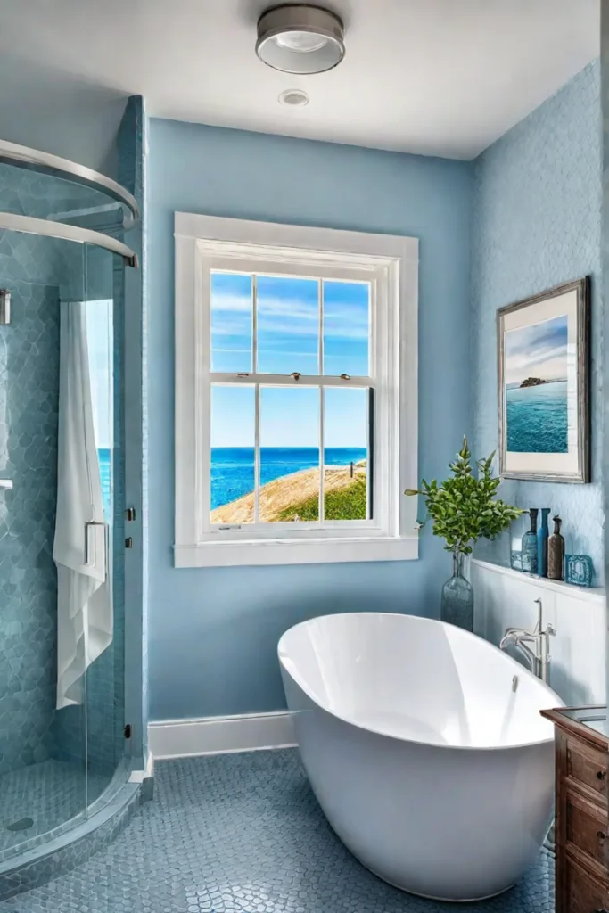 Coastal elements and ocean views create a serene escape in a small master bathroom