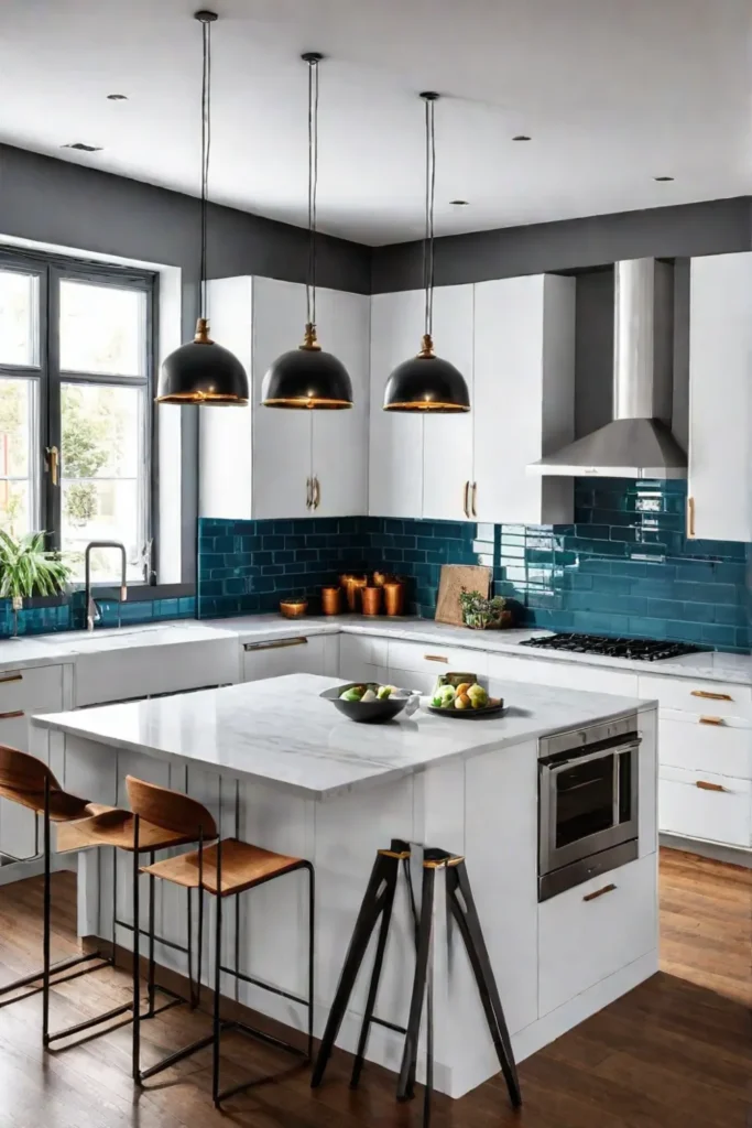 Contemporary kitchen with geometric pendant lights