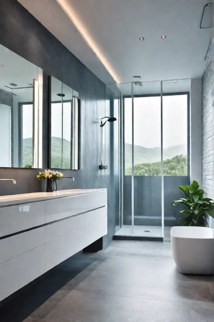 Contemporary master bathroom equipped with smart shower mirror and automated blinds demonstrating the harmony of technology and design