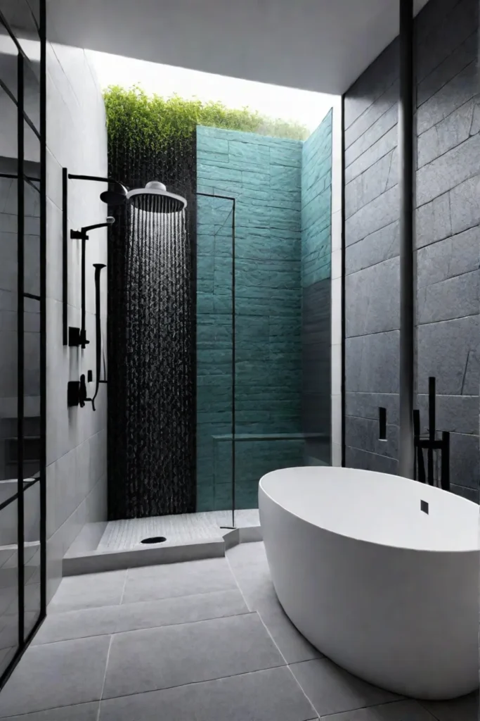 Contemporary shower with geometric tiles and sustainable features