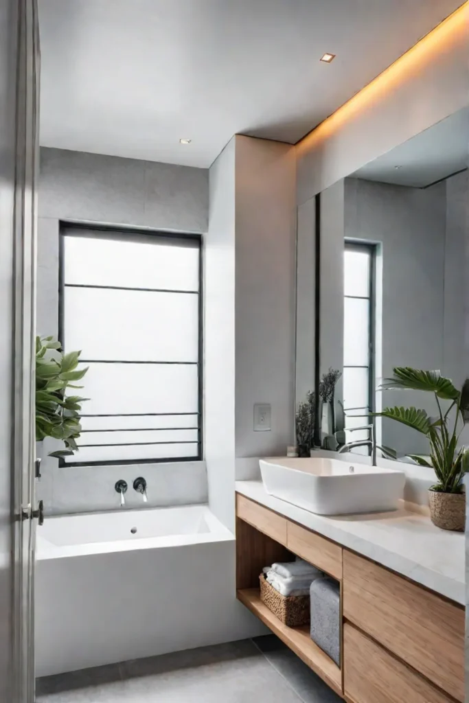 Corner sink and recessed shelving maximize space in a minimalist bathroom