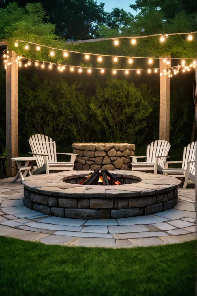 Cozy outdoor space with a natural stone fire pit and wooden furniture