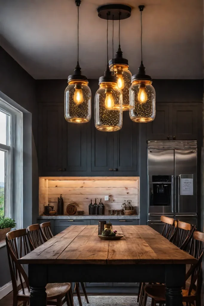 DIY mason jar pendant lights illuminate a rustic kitchen