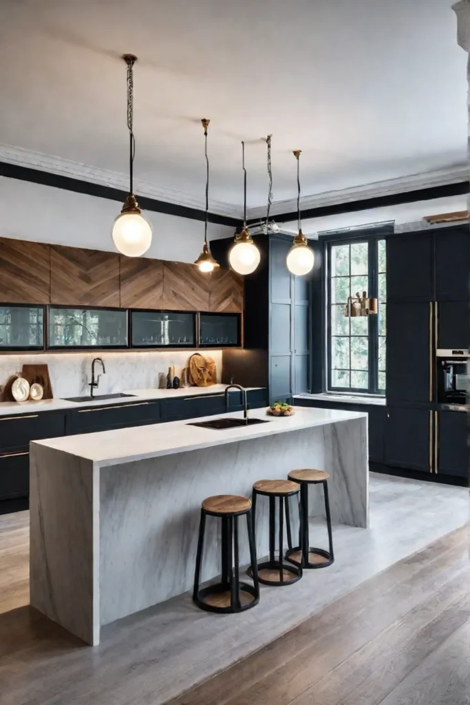 Eclectic kitchen with mixed light fixtures