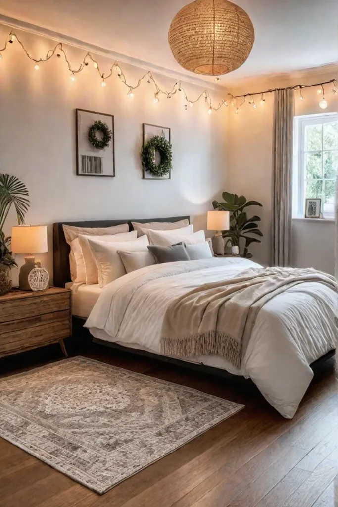 Eclectic bedroom with a mix of lighting styles