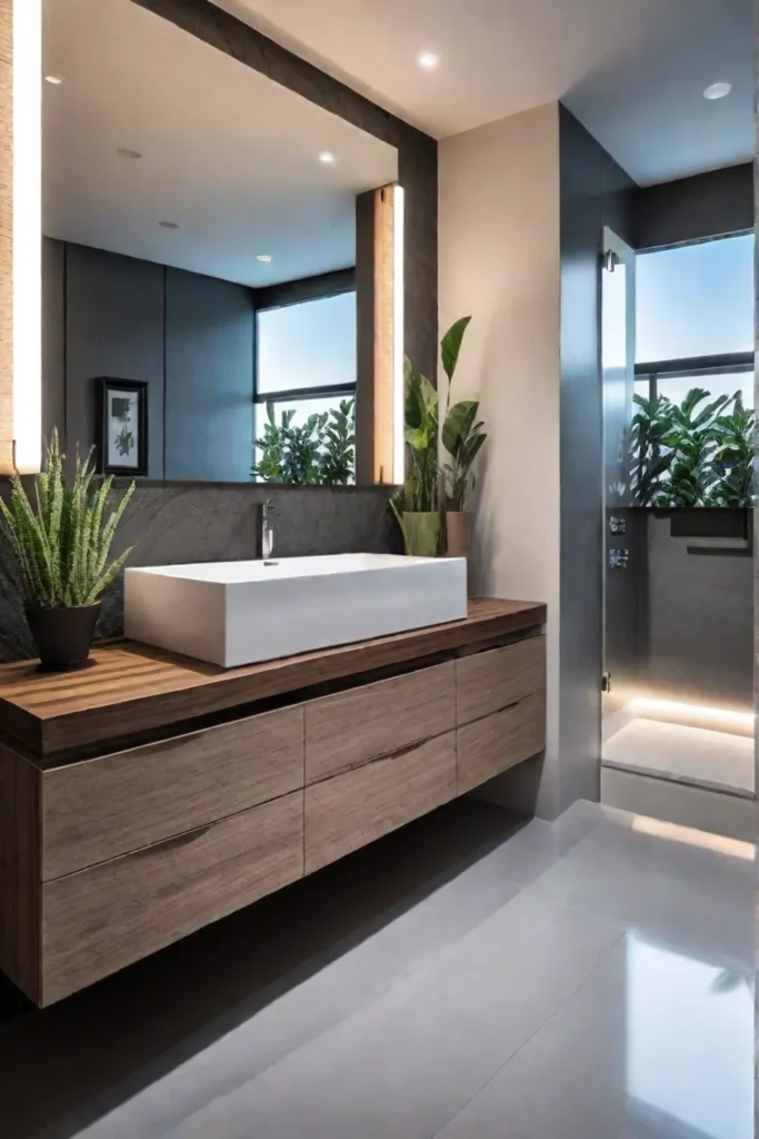 Ecofriendly bathroom design with floating vanity and stone countertop
