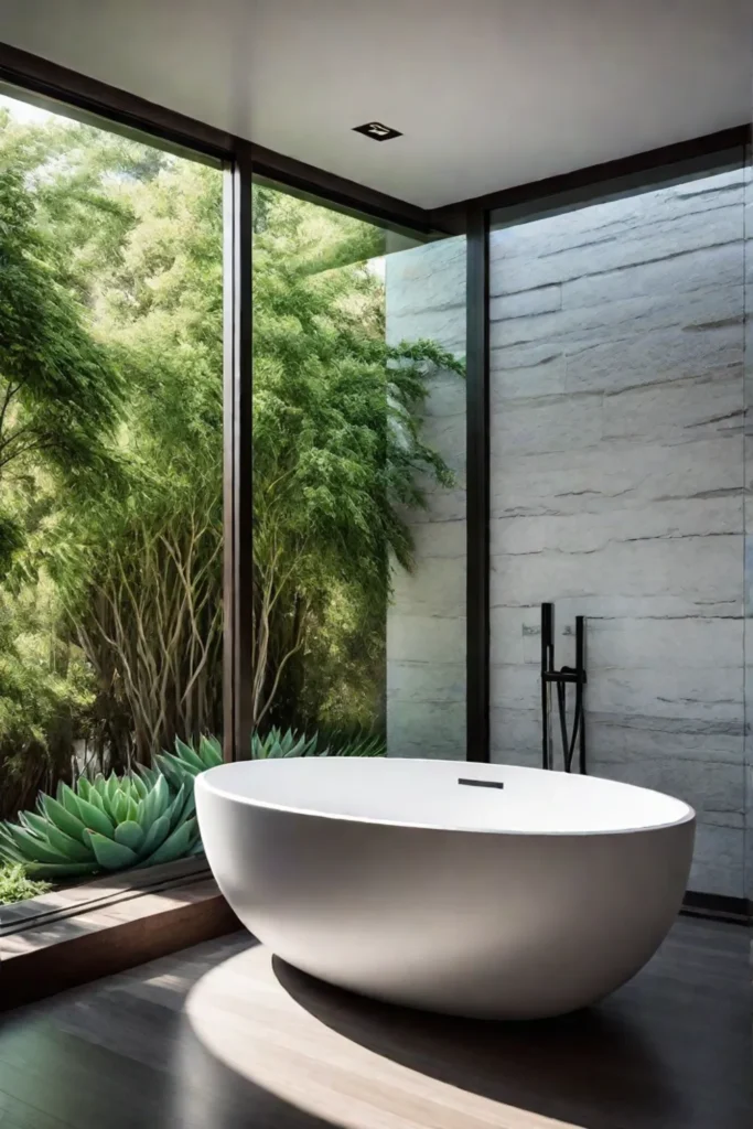Ecofriendly bathroom with natural light and xeriscaped garden