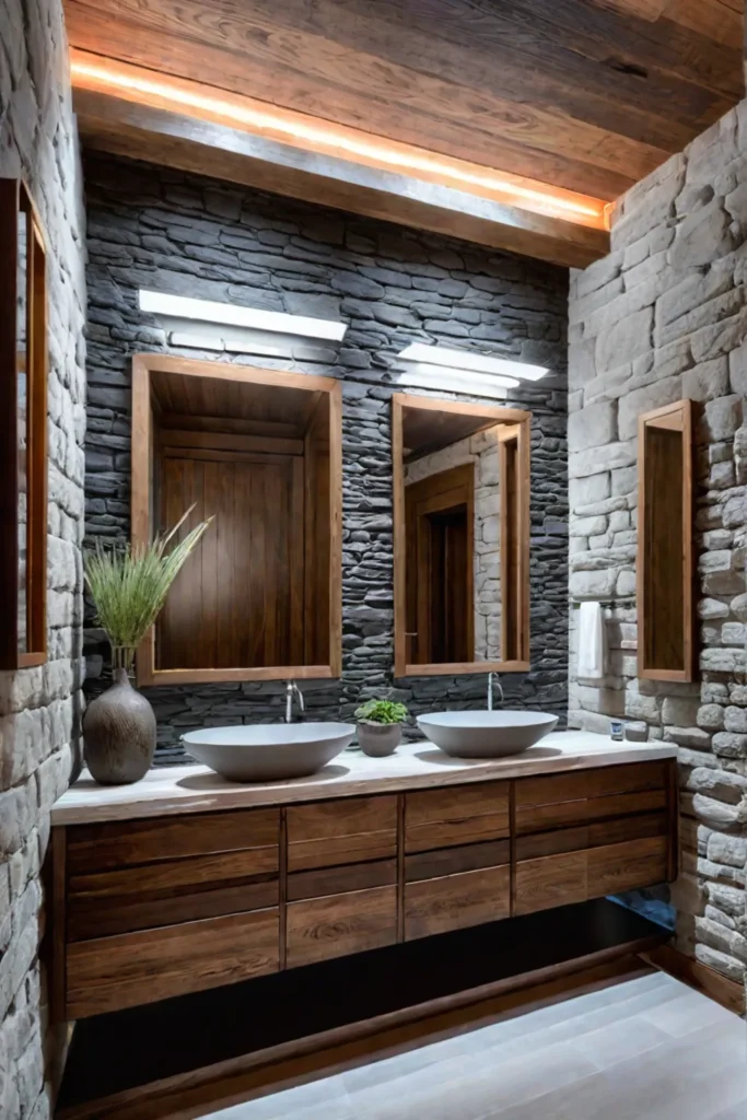 Ecofriendly bathroom with natural stone walls and LED mirrors
