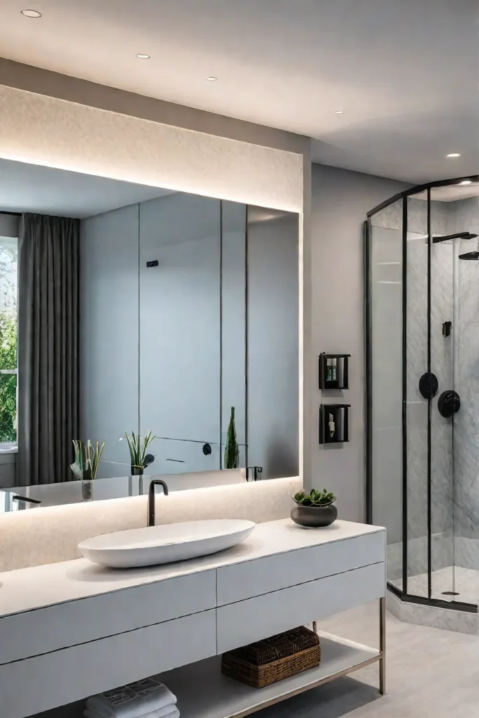 Ecofriendly master bathroom design with smart shower and faucet highlighting water conservation features
