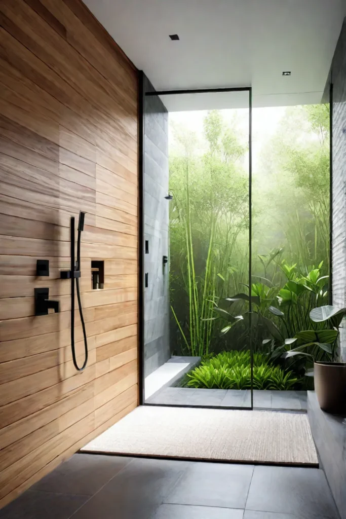 Ecofriendly shower design with watersaving fixtures and natural elements