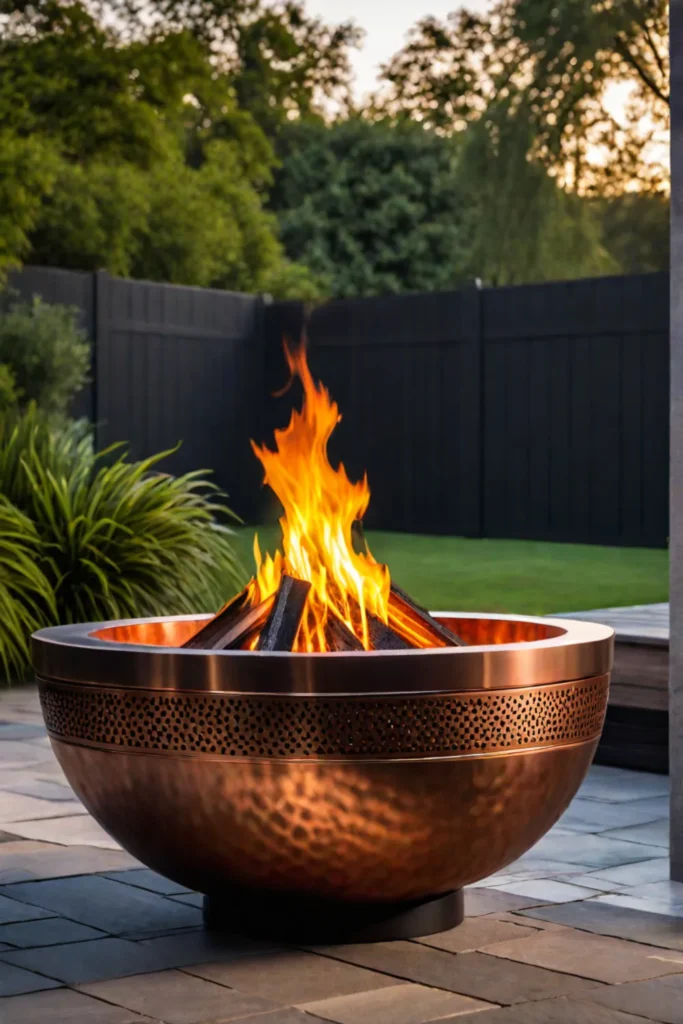 Elegant copper fire bowl with wood fire